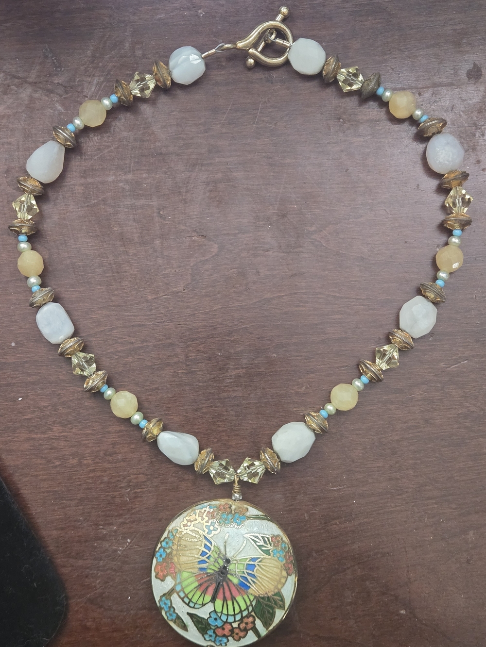 Vintage Cloisonné Butterfly Motif Pendant Necklace, Cloisonne And Stone Beads - Picture 11 of 13